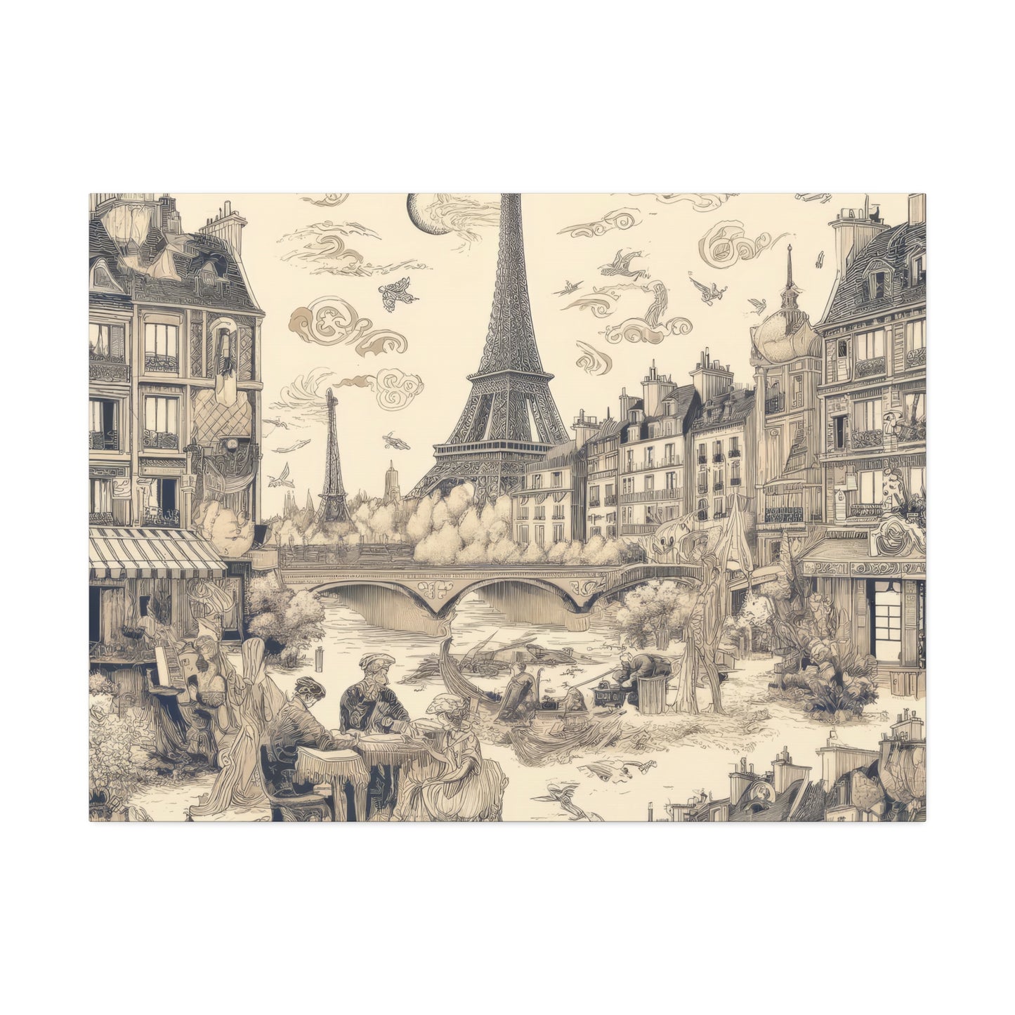 Paris France Toile de Jouy Art on Canvas Stretched: 12"x8", 24"x16, 40"x30" Sizes