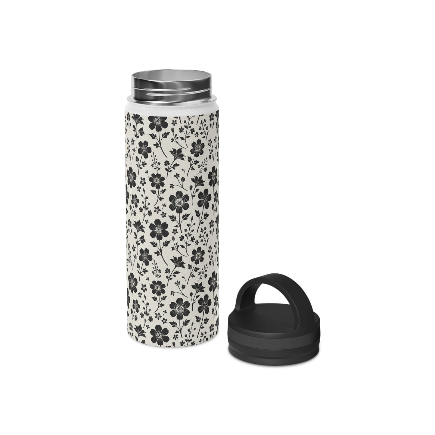 Floral Black - Steel Water Bottle Tumbler, Handle Lid