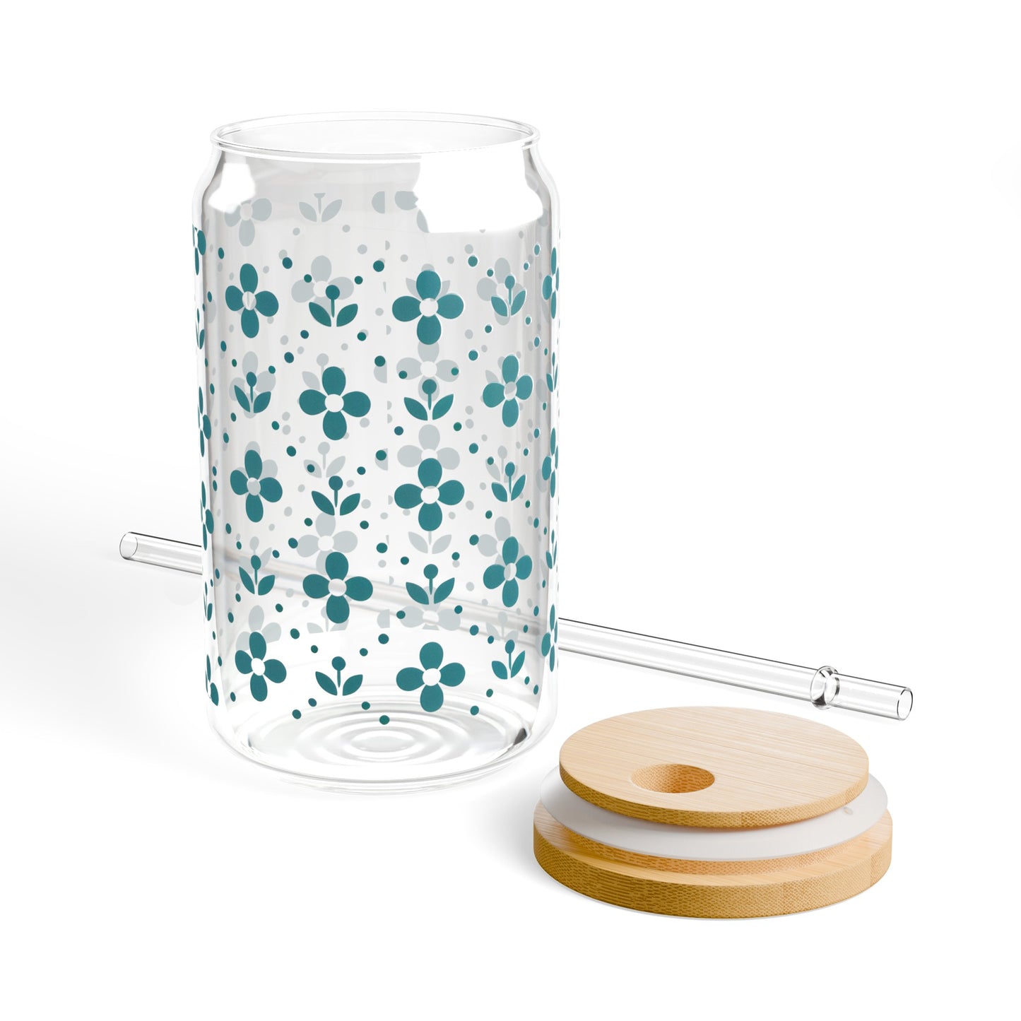 Floral Polka Dots in Turquoise Sipper Glass, 16oz