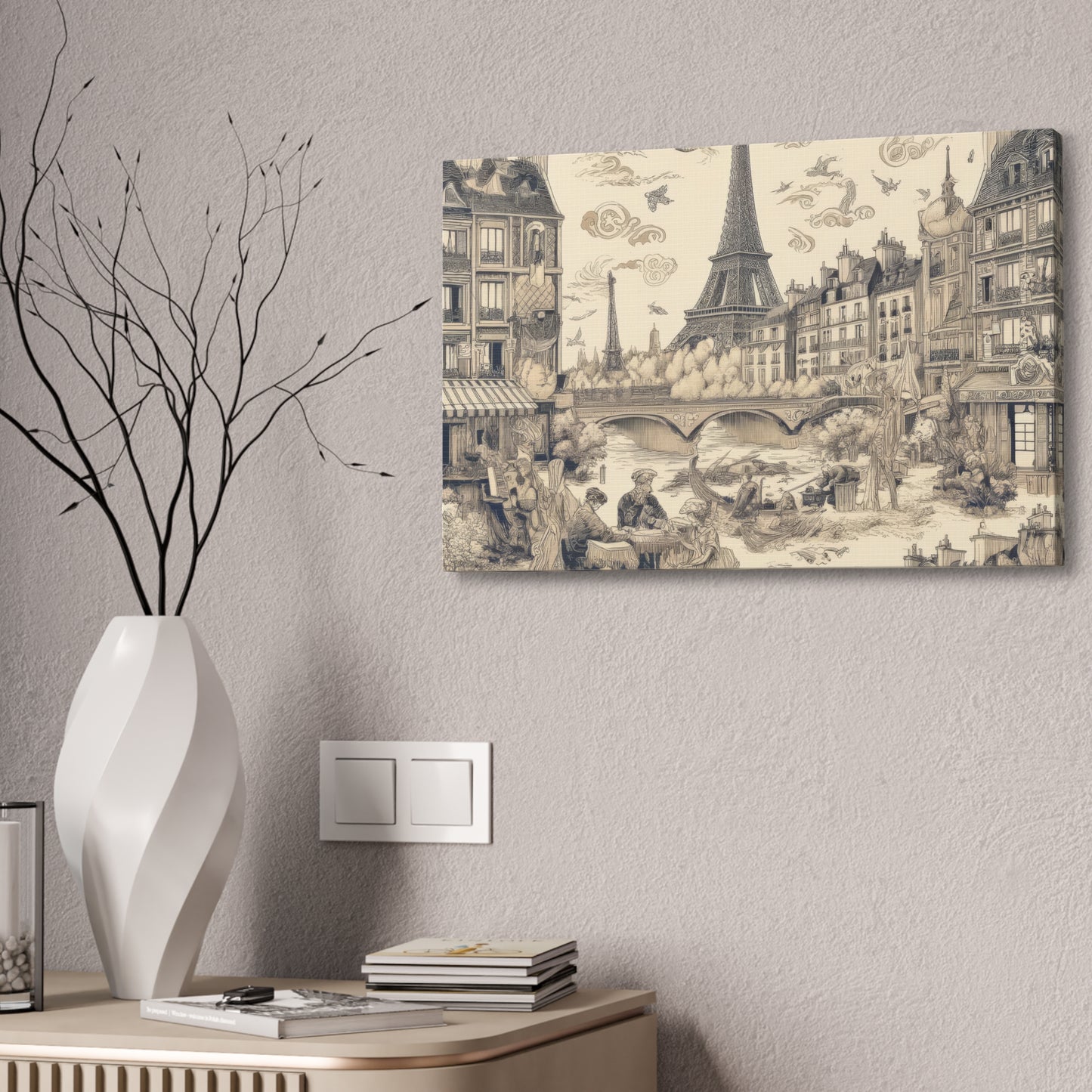 Paris France Toile de Jouy Art on Canvas Stretched: 12"x8", 24"x16, 40"x30" Sizes