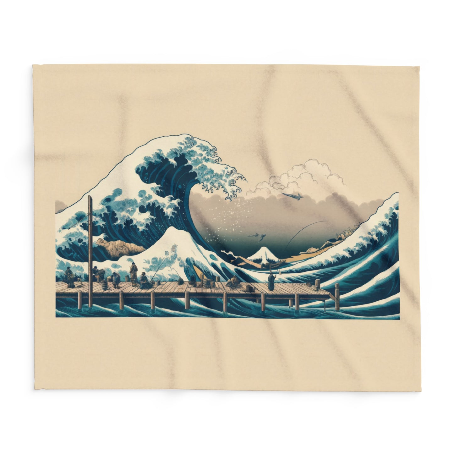 Hokusai Great Wave over Pier - Arctic Fleece Blanket 50"x60"