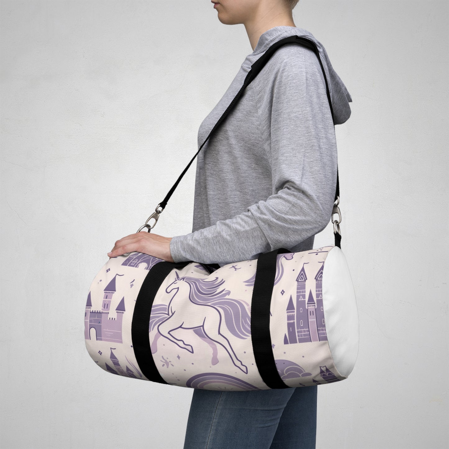 Unicorns and Rainbows in Lavender Duffel Workout Bag