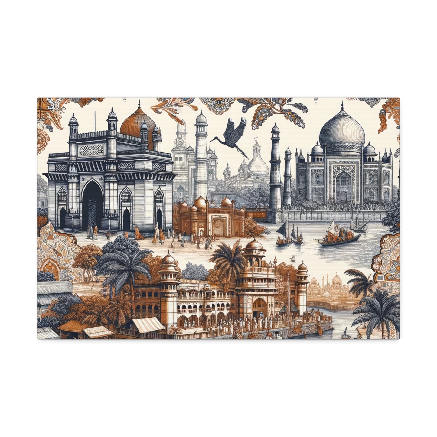 Mumbai and Taj Mahal India Art on Canvas Stretched: 12"x8", 24"x16, 40"x30" Sizes