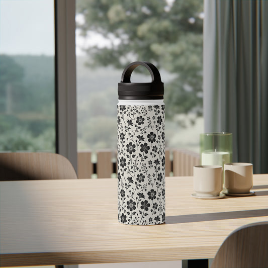 Floral Black - Steel Water Bottle Tumbler, Handle Lid