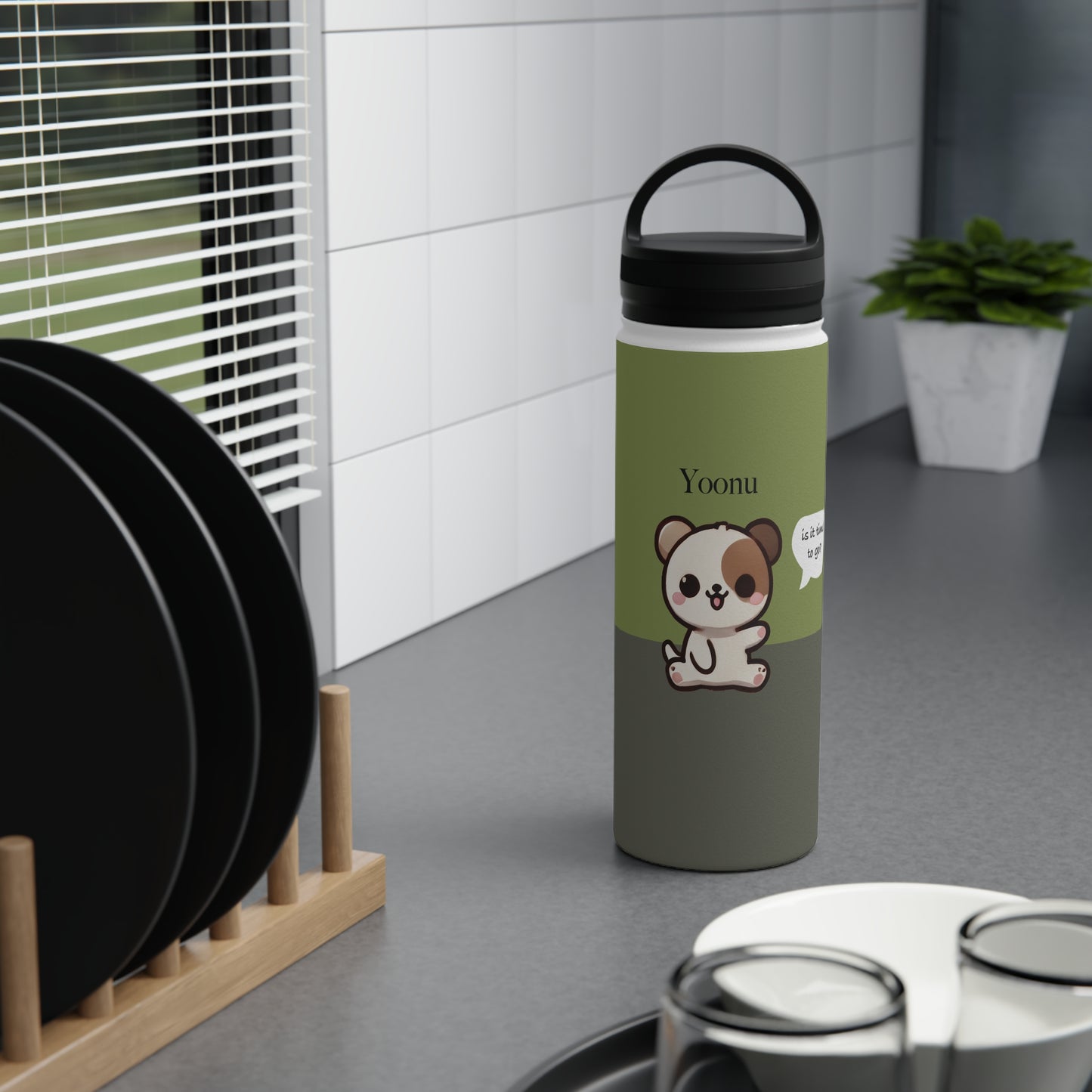 Yoonu the Puppy - Kawaii Designs - Steel Water Bottle Tumbler, Handle Lid