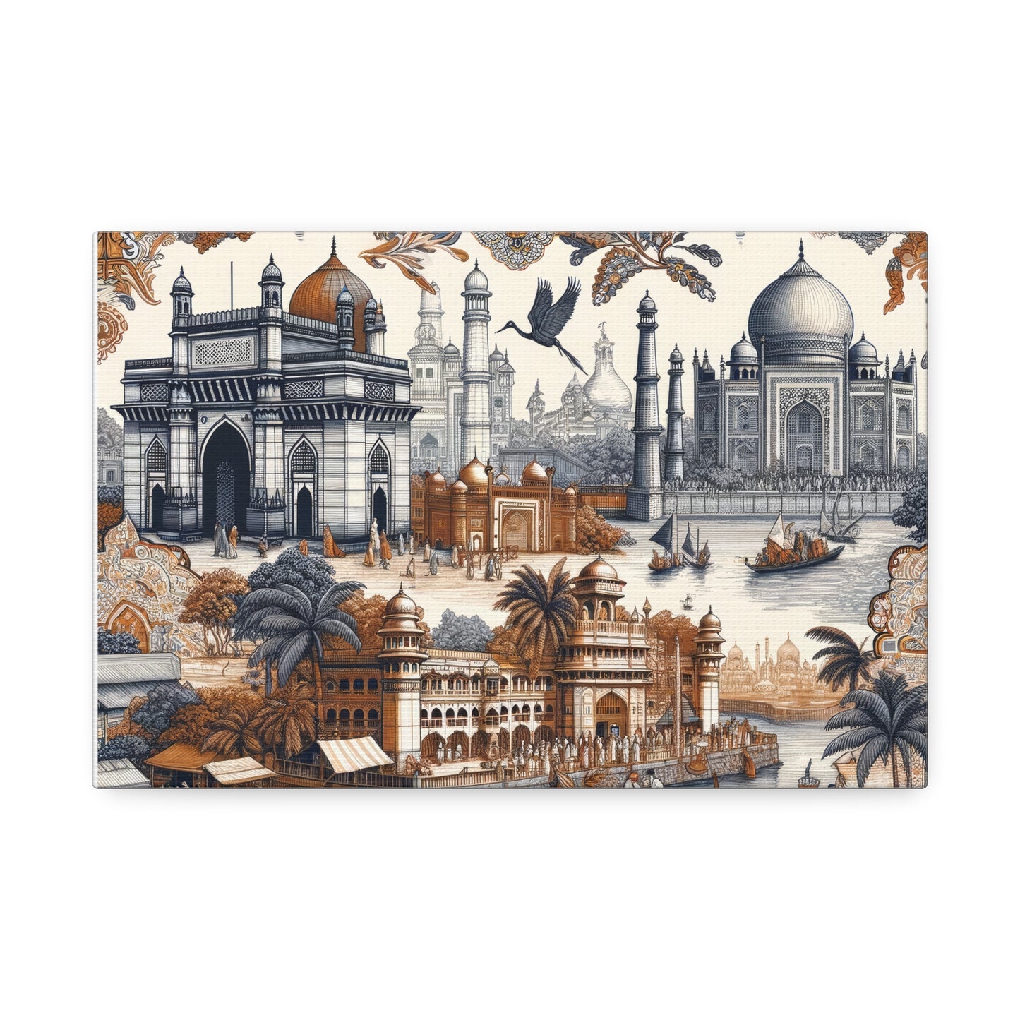 Mumbai and Taj Mahal India Art on Canvas Stretched: 12"x8", 24"x16, 40"x30" Sizes