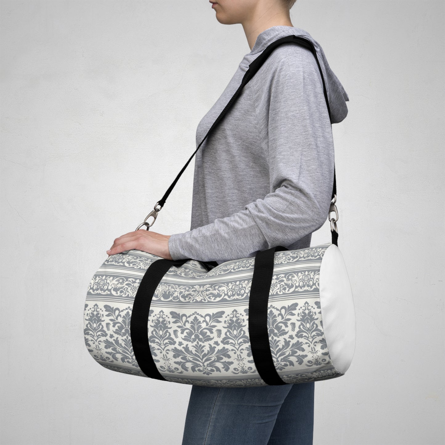 Damask in Grey Duffel Workout Bag