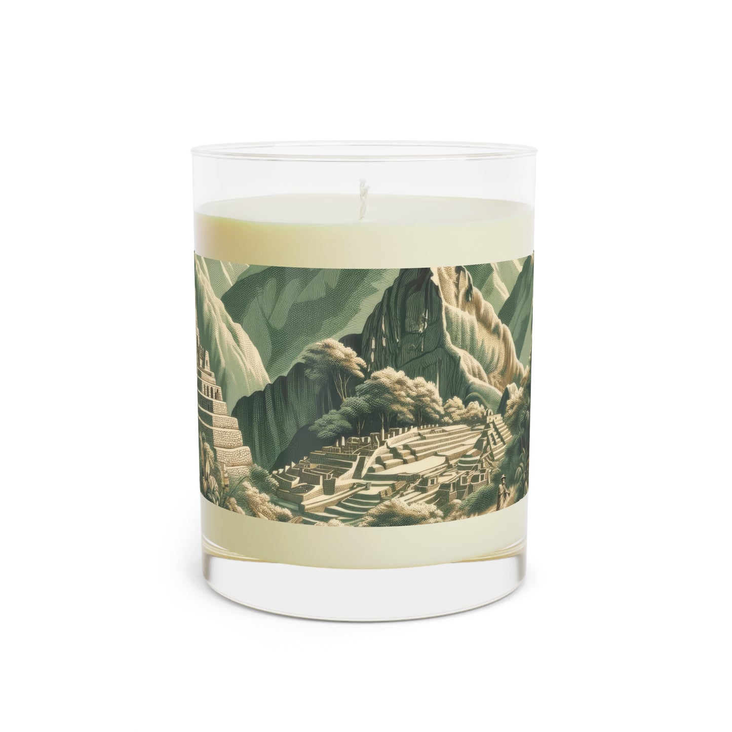 Machu Picchu Peru in Toile de Jouy Scented Candle - Premium Design Printed On 11oz Glass, Not a Sticker Label