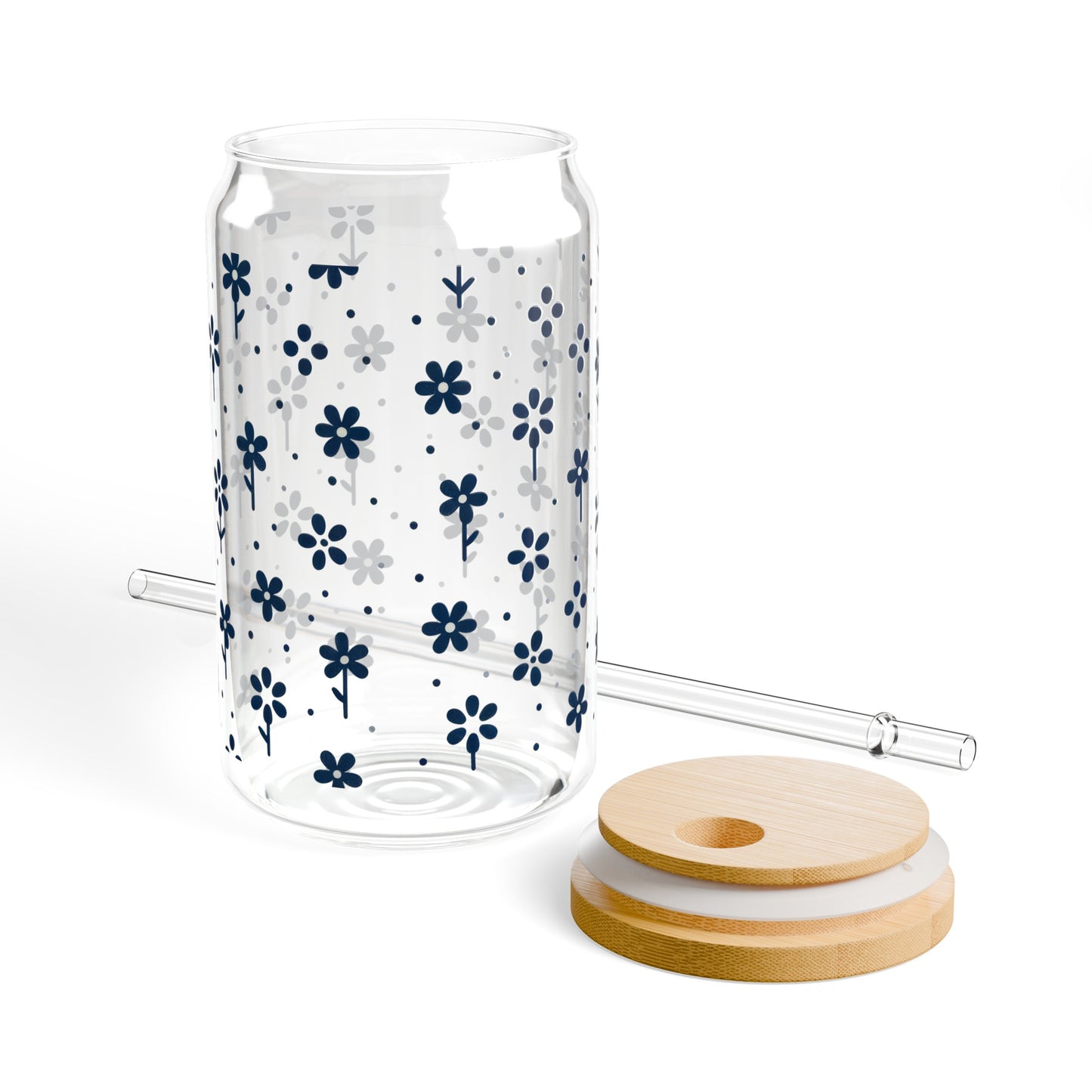 Floral Polka Dots in Dark Navy Blue Sipper Glass, 16oz