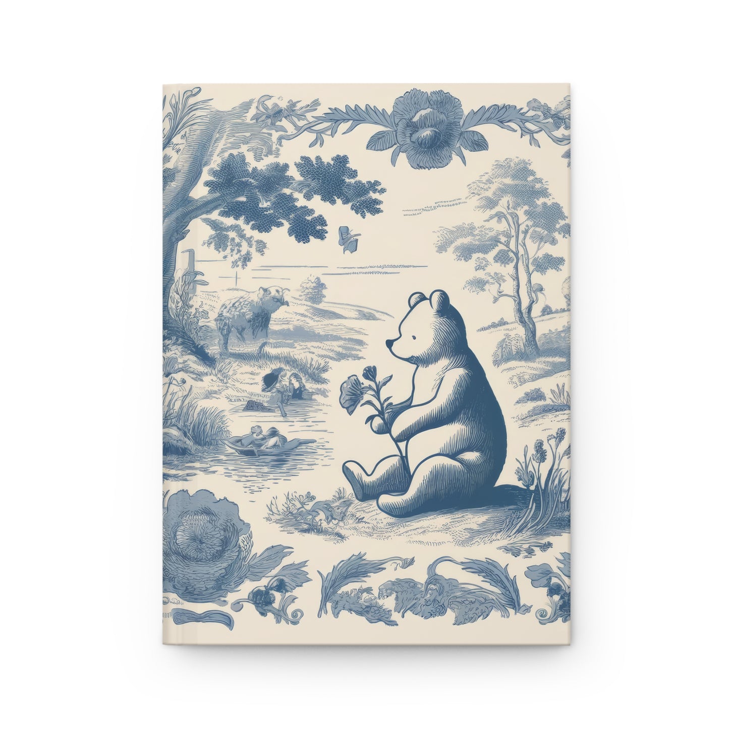 Winnie the Pooh Smelling the Flowers in Toile de Jouy - Hardcover Journal Notebook Matte