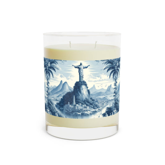 Rio de Janeiro Christ the Redeemer in Toile de Jouy Scented Candle - Premium Design Printed On 11oz Glass, Not a Sticker Label