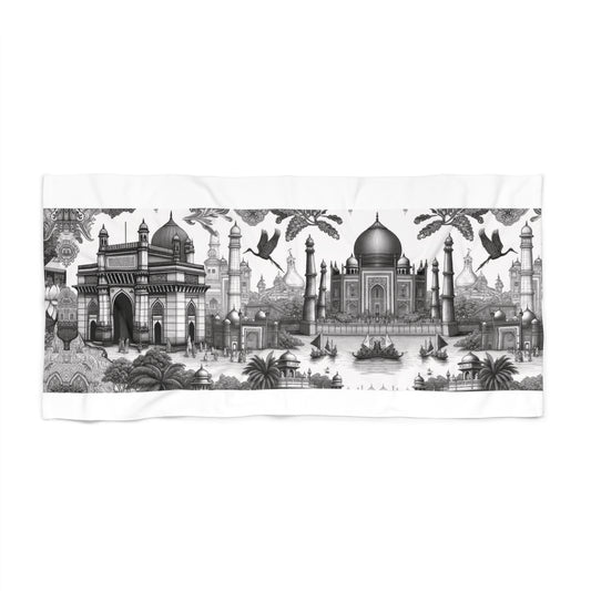 Mumbai and Taj Mahal India in Monochrome Toile de Jouy Beach Towel