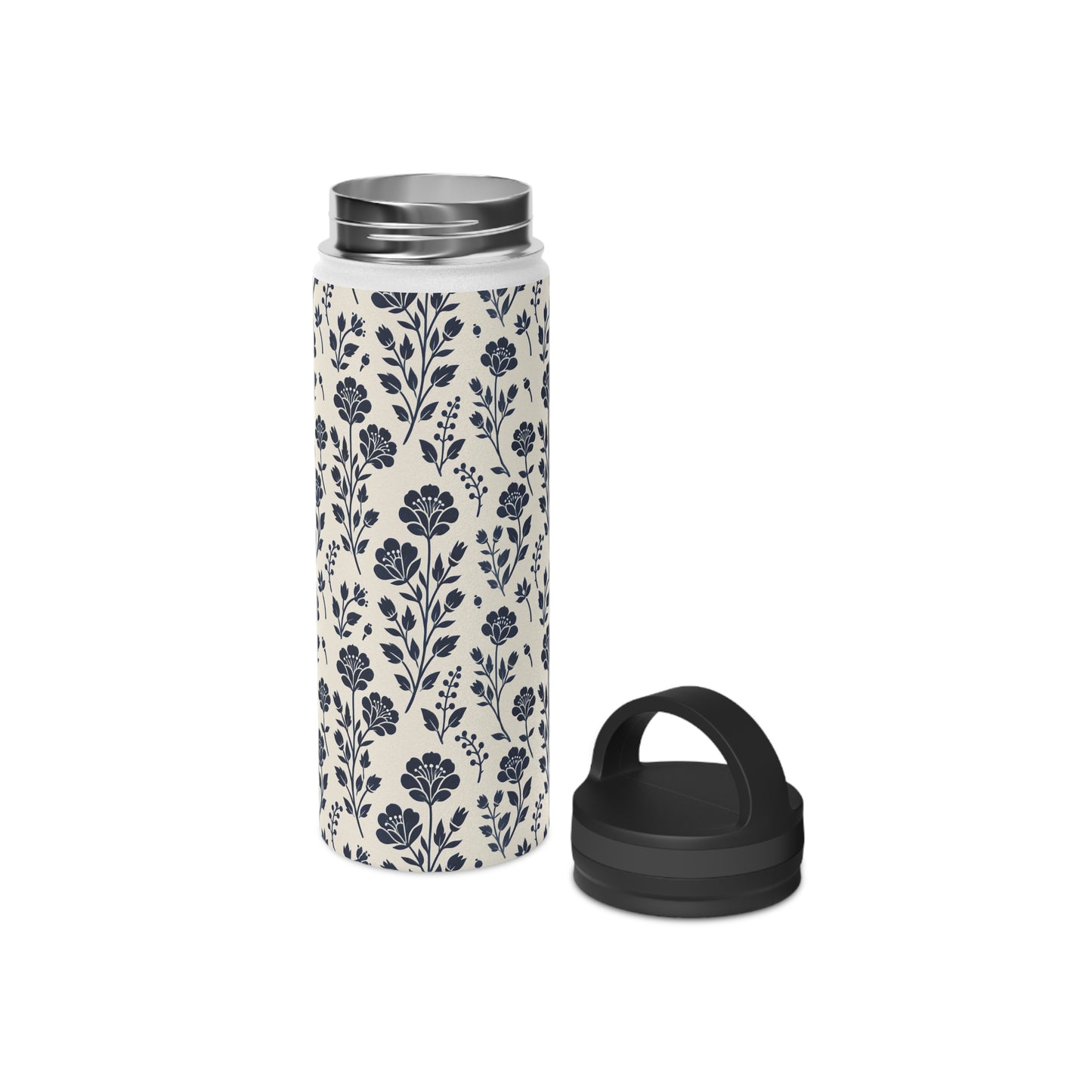 Floral Navy Blue - Steel Water Bottle Tumbler, Handle Lid