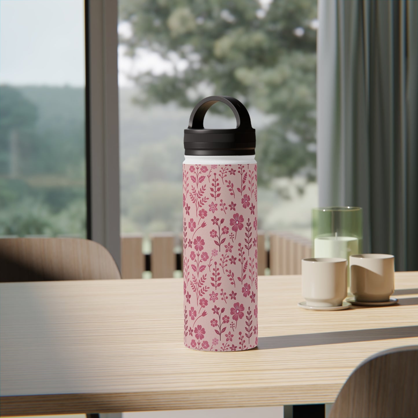 Floral Pink - Steel Water Bottle Tumbler, Handle Lid