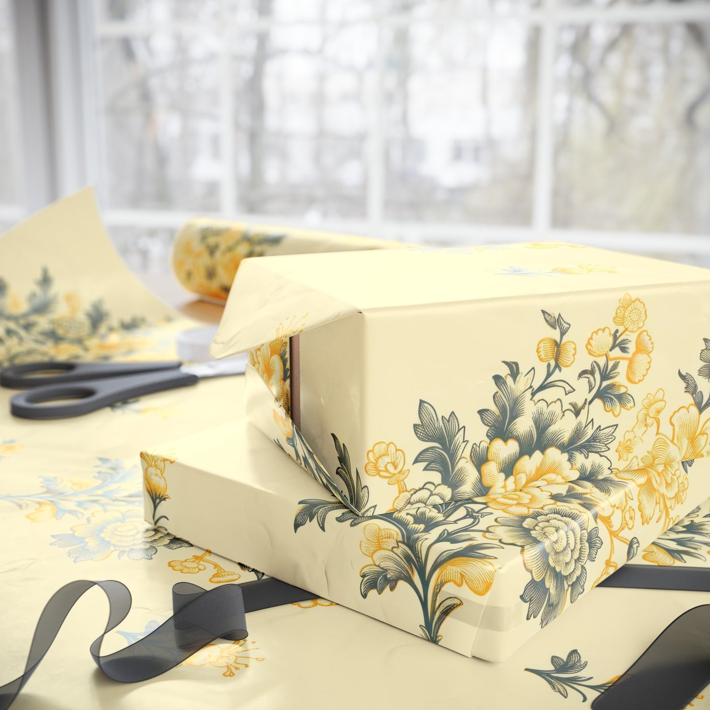 Bouquet Toile de Jouy in Yellow Wrapping Paper 30"x 72"