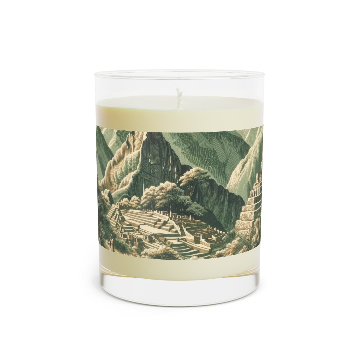 Machu Picchu Peru in Toile de Jouy Scented Candle - Premium Design Printed On 11oz Glass, Not a Sticker Label