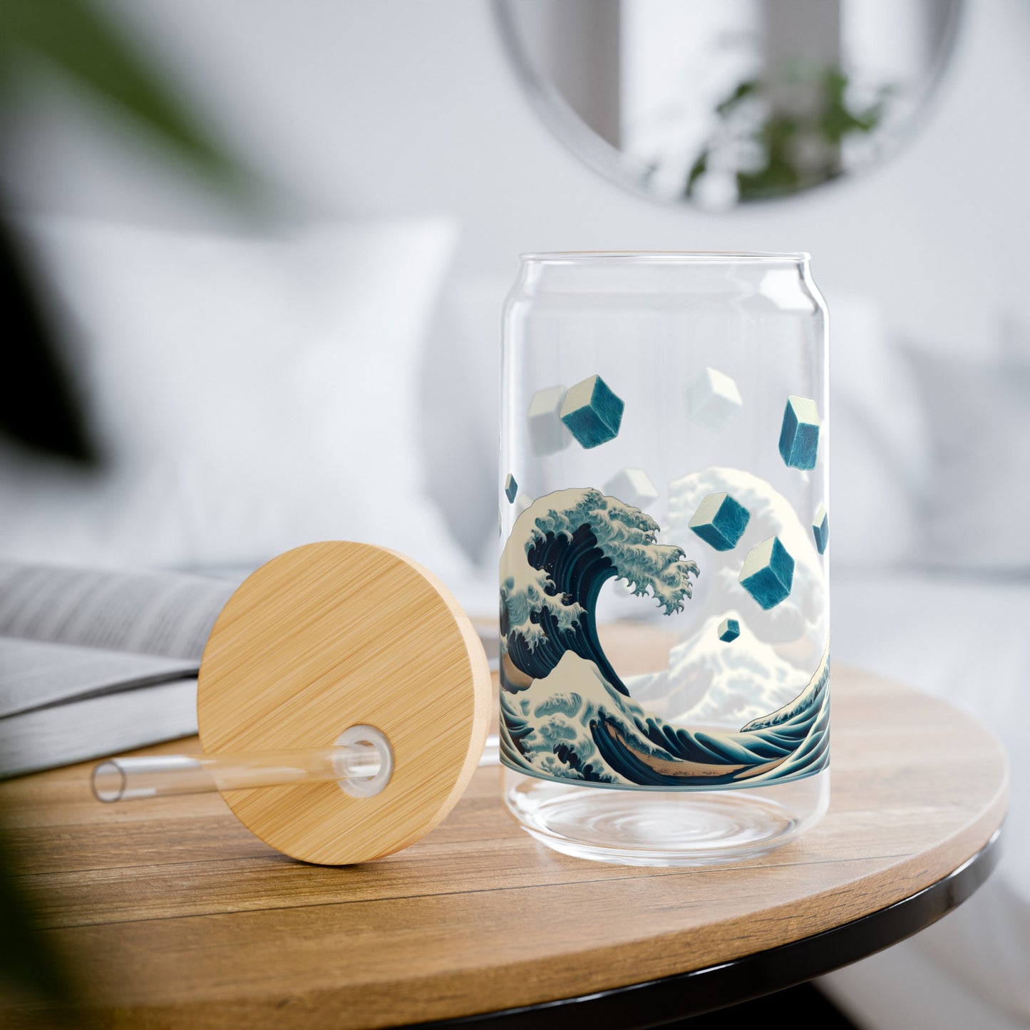 Hokusai Great Wave with Falling Ice Cubes Sipper Glass, 16oz