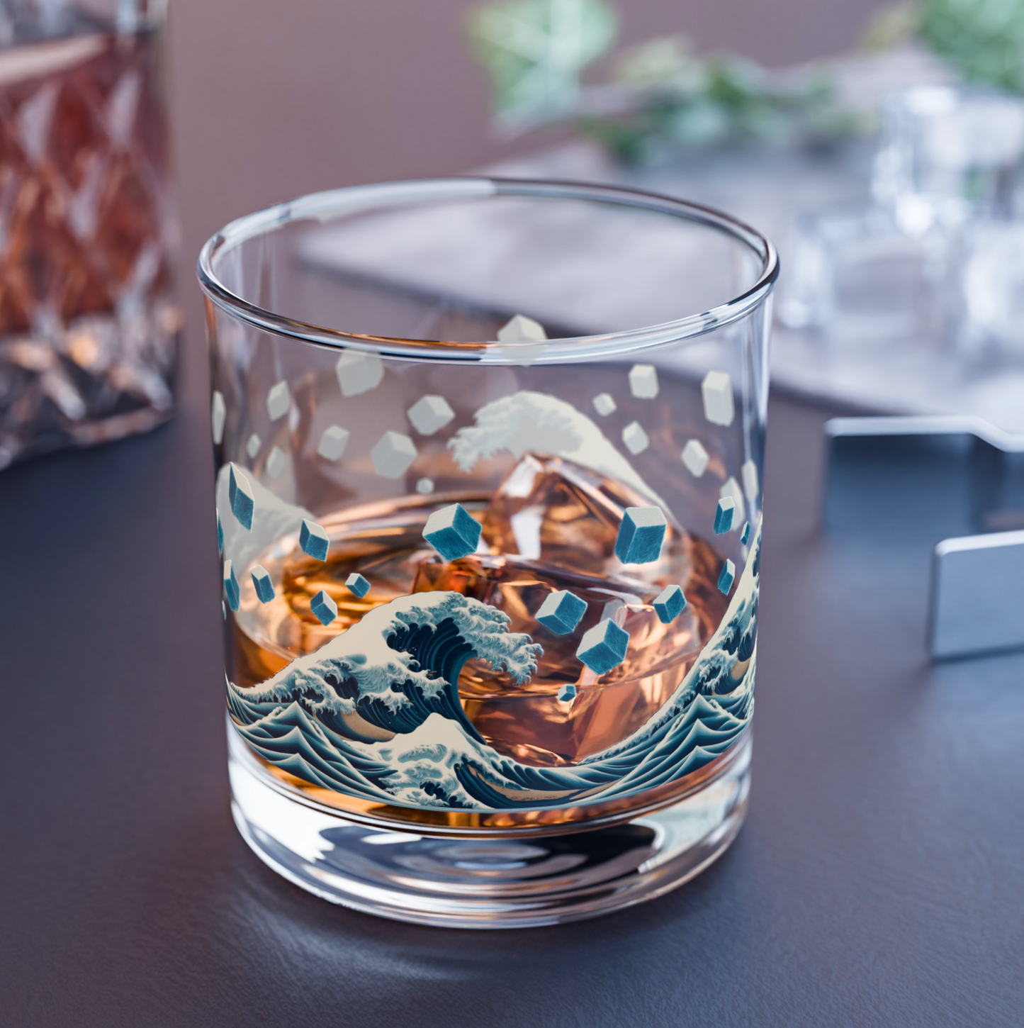 Hokusai Great Wave with Falling Ice Cubes - Glass, 10oz