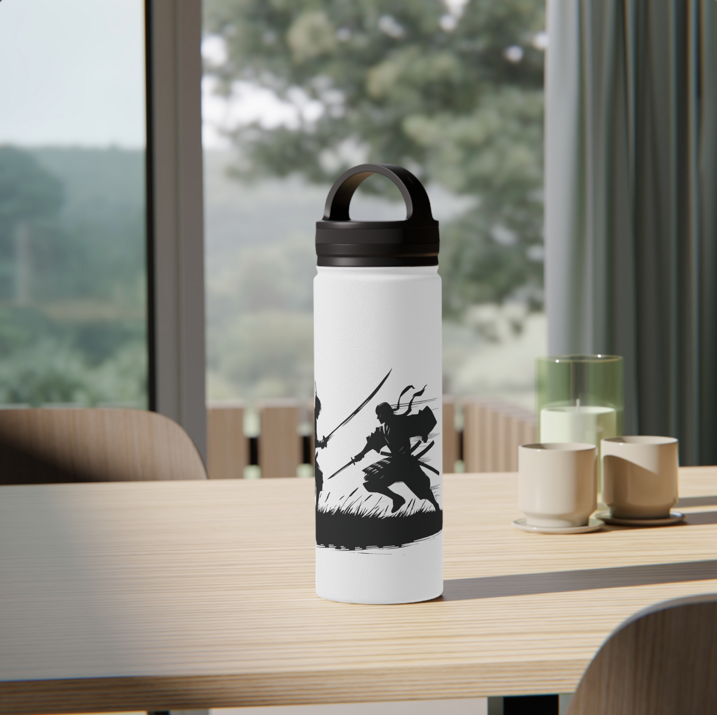 Ronin Dueling Silhouette - Steel Water Bottle Tumbler, Handle Lid