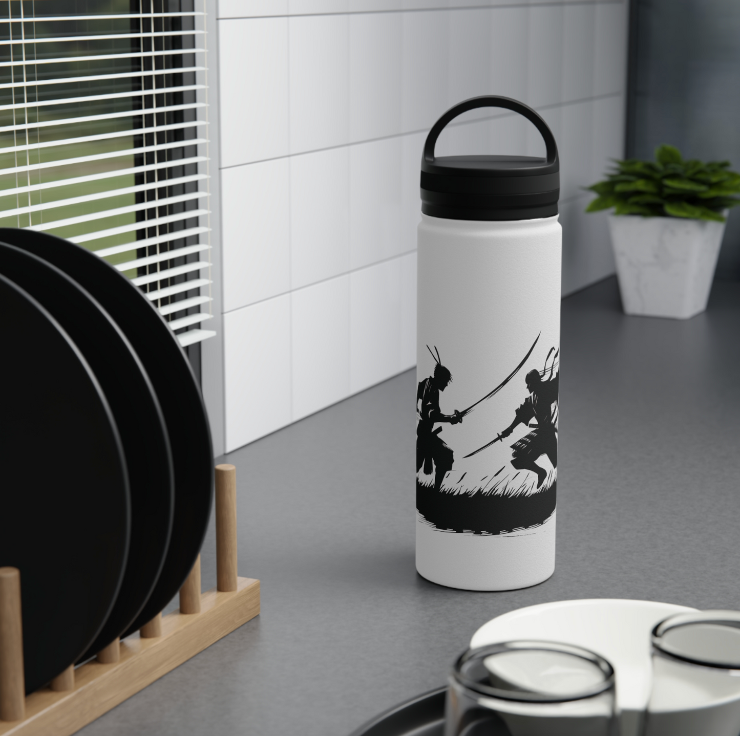 Ronin Dueling Silhouette - Steel Water Bottle Tumbler, Handle Lid