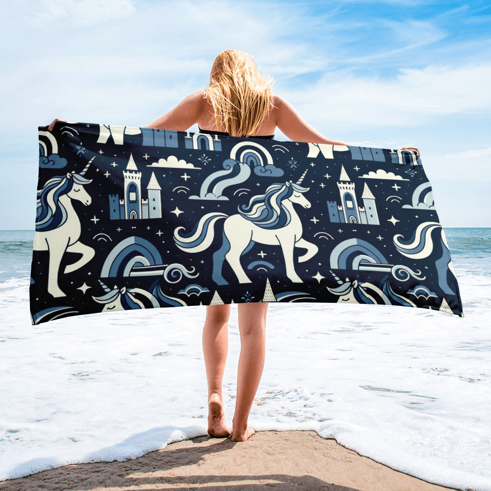 Unicorns and Rainbows in Cerulean - Beach Towel #beachtowel #summertime  #towels #rainbow #unicorn