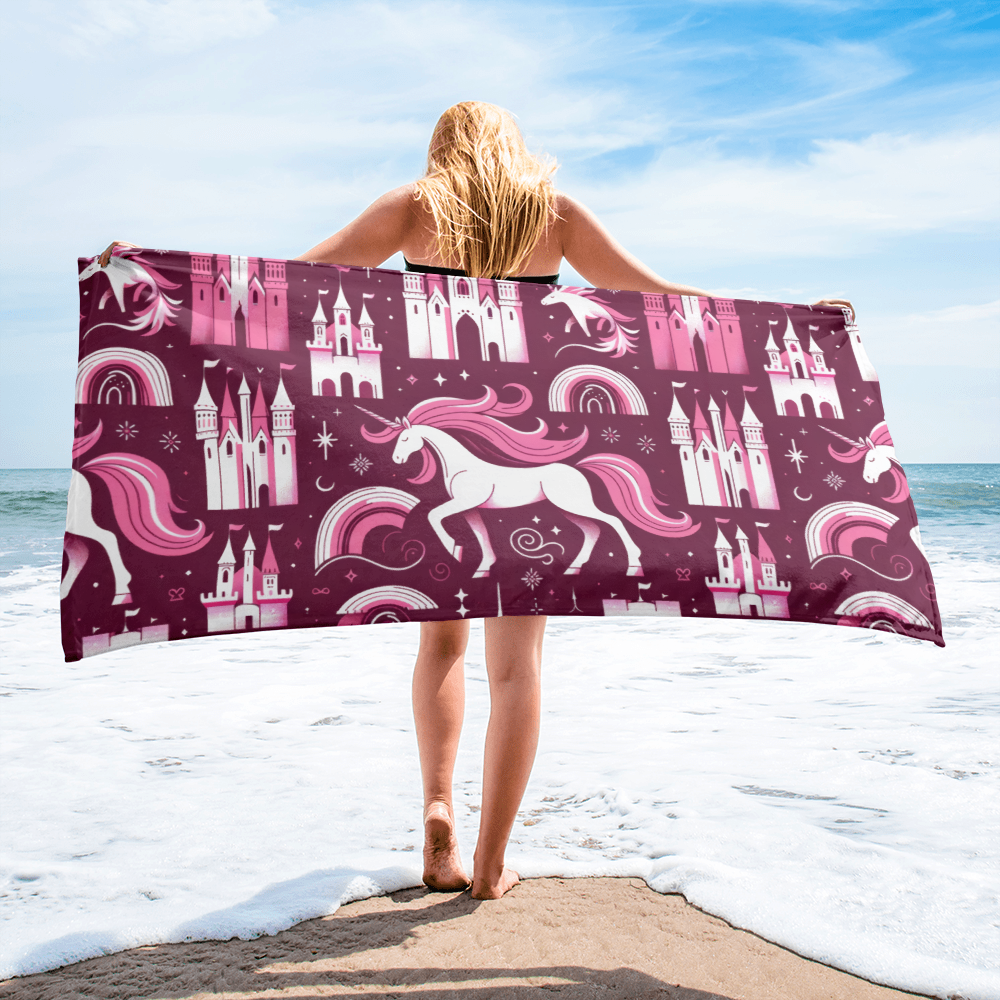 Unicorns and Rainbows in Hot Pink - Beach Towel #beachtowel #summertime  #towels #rainbow #unicorn