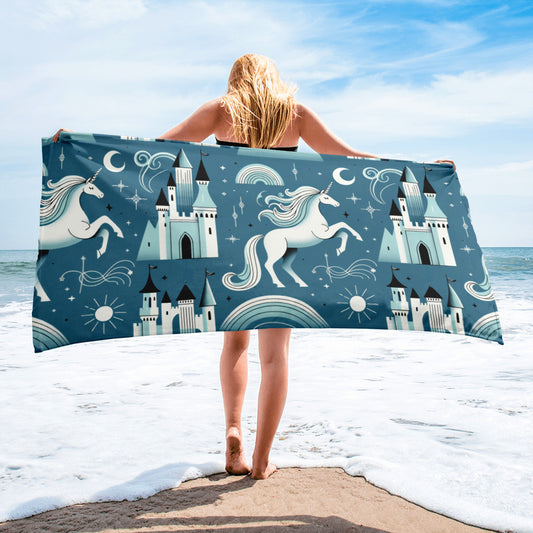 Unicorns and Rainbows in Turquoise - Beach Towel #beachtowel #summertime  #towels #rainbow #unicorn