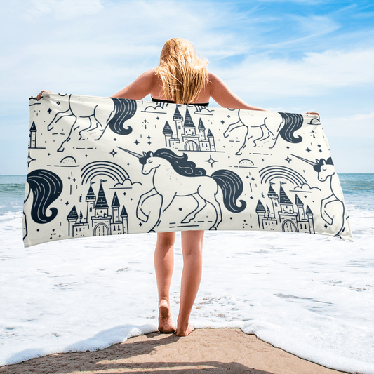 Unicorns and Rainbows Line Drawing - Beach Towel #beachtowel #summertime  #towels #rainbow #unicorn