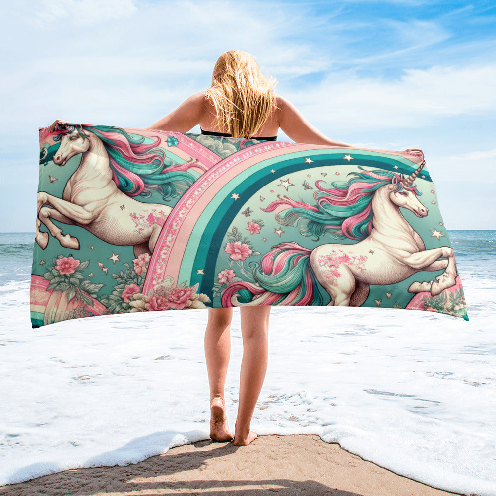 Unicorns and Rainbows in Toile de Jouy - Beach Towel #beachtowel #summertime  #towels #rainbow #unicorn